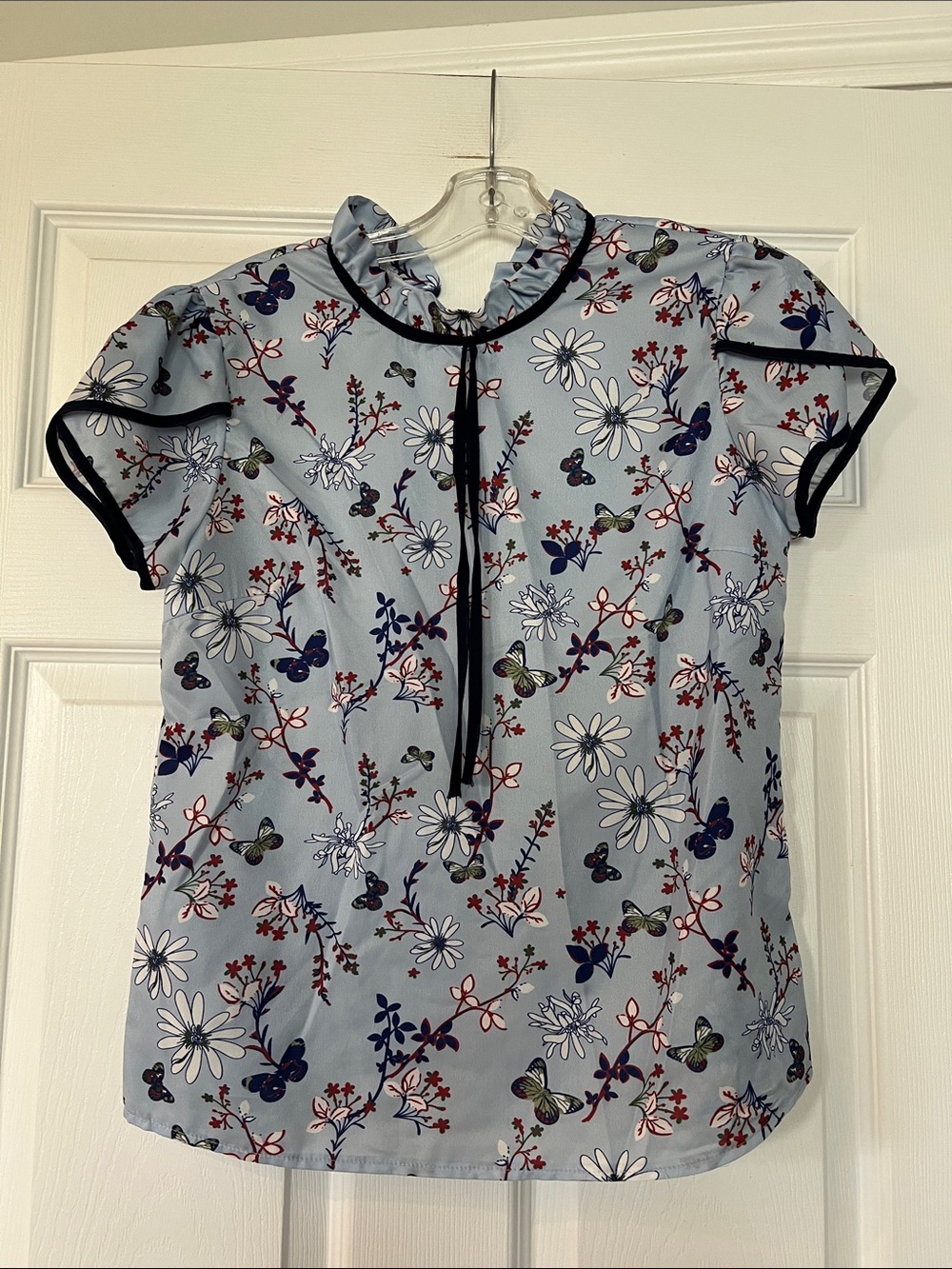 Light Blue Floral Ruffle-Neck Women’s Top